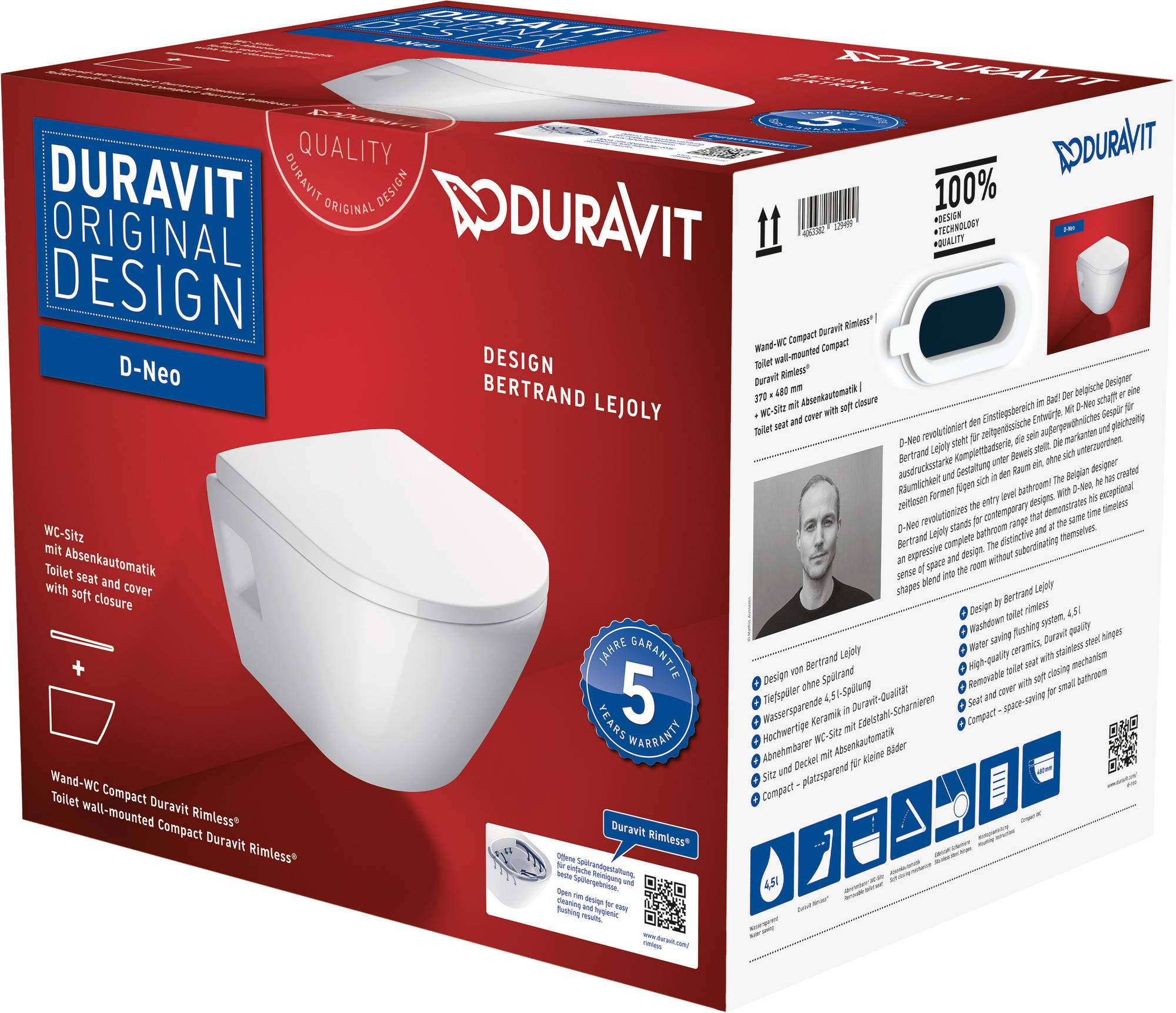Duravit D-Neo compact hangtoilet randloos met toiletbril wit