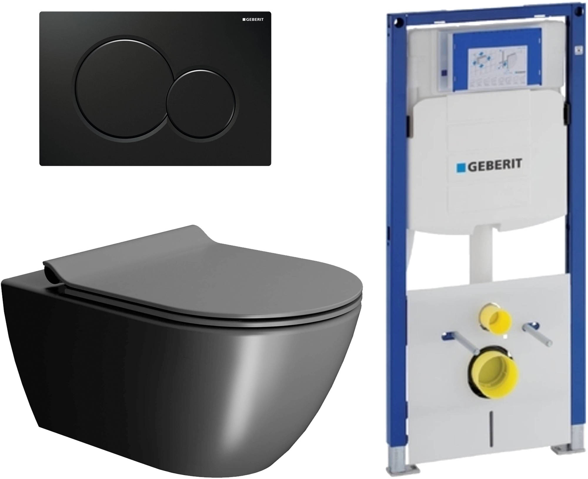 Ben Segno 2.0 toilet Xtra Glaze+ mat zwart met Geberit UP320 reservoir en Sigma 01 bedieningspaneel glans zwart